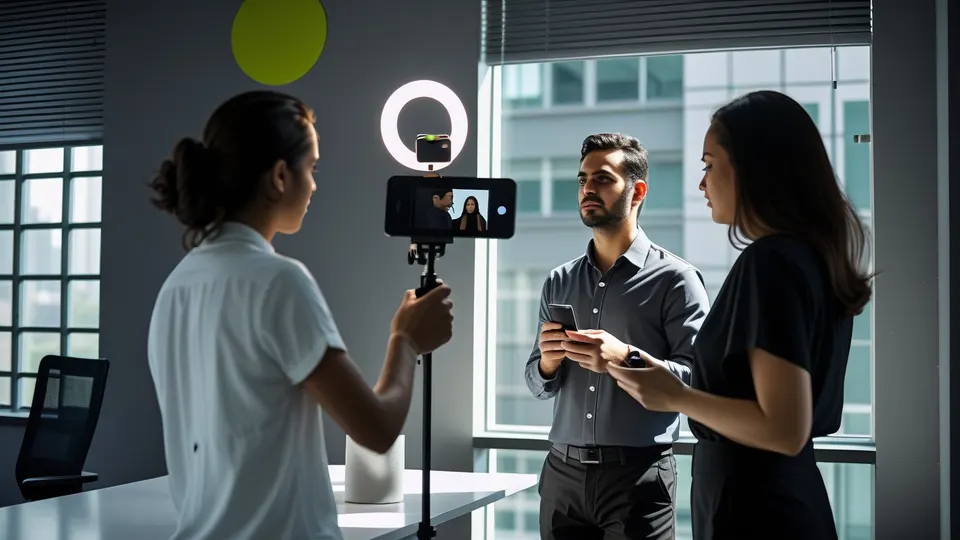 Criador de conteúdo gravando um vídeo vertical com ring light enquanto uma estrategista acompanha pelo celular