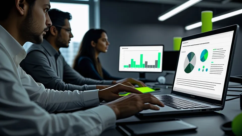 Notebook em uma mesa mostrando gráficos e um formulário, com a mão no trackpad em uma sala escura