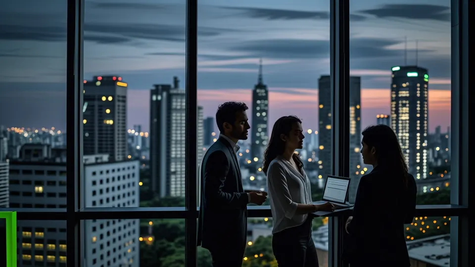 Avenida Faria Lima, em São Paulo, vista de uma janela de escritório ao anoitecer, com as luzes da cidade acendendo