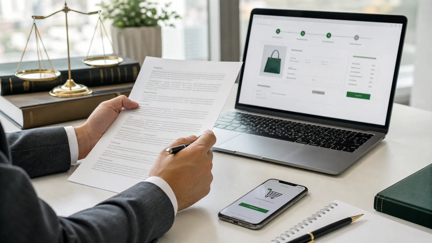 Fluxo juridico do checkout de ecommerce com cadastro, aceite, pagamento, entrega e pos-venda