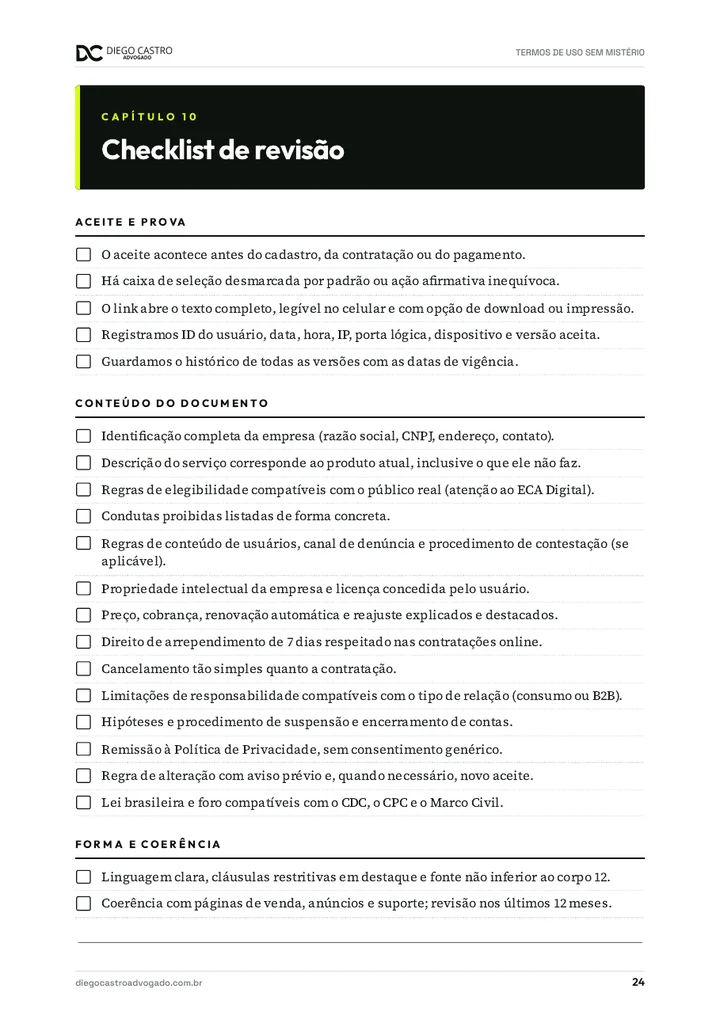 Página do checklist de revisão de Termos de Uso