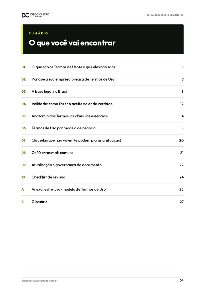 Página de sumário do ebook Termos de Uso sem mistério