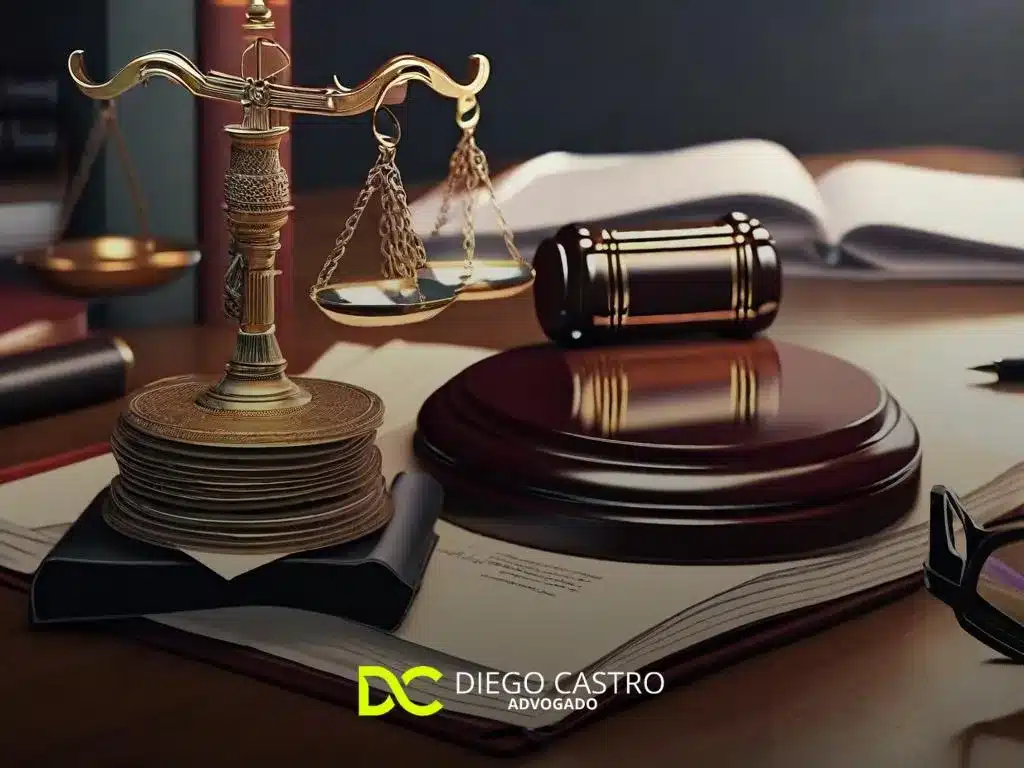 Uma imagem retratando a mesa de um advogado profissional com livros jurídicos, um laptop exibindo um rascunho de documento legal, um par de óculos e uma caneta tinteiro. Ao fundo, há uma balança simbolizando justiça e equidade.