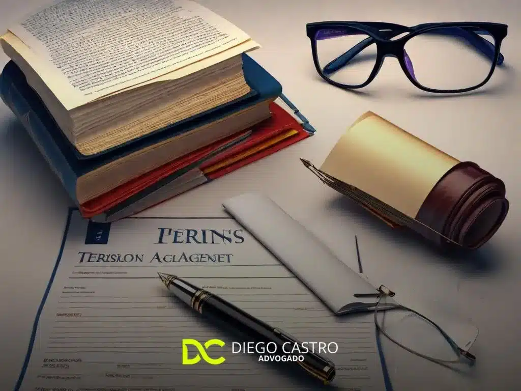 Uma imagem da mesa de um advogado profissional com livros jurídicos, um laptop exibindo um rascunho de documento legal, um par de óculos e uma caneta-tinteiro repousando sobre uma folha de papel impecável com o título 