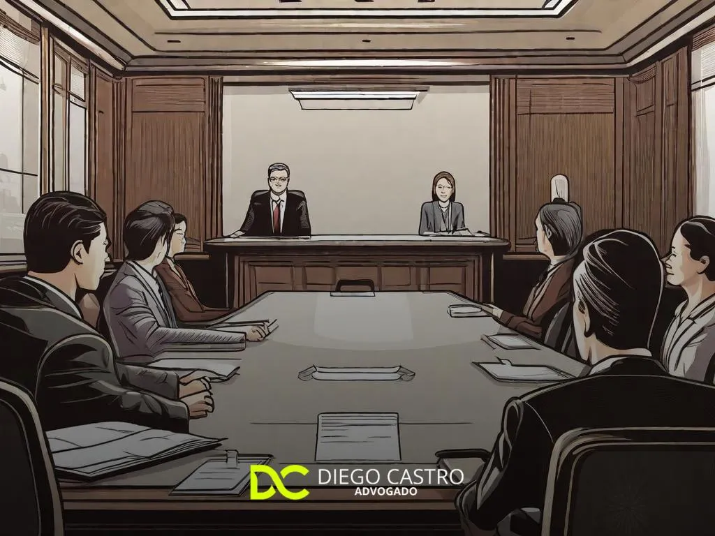 Uma imagem de um mediador profissional, sentado à cabeça de uma elegante mesa de conferência, com duas partes opostas sentadas de cada lado. O mediador está gesticulando calmamente, facilitando a discussão. Livros jurídicos e certificados de mediação adornam o fundo, enfatizando a expertise e um ambiente de resolução pacífica.