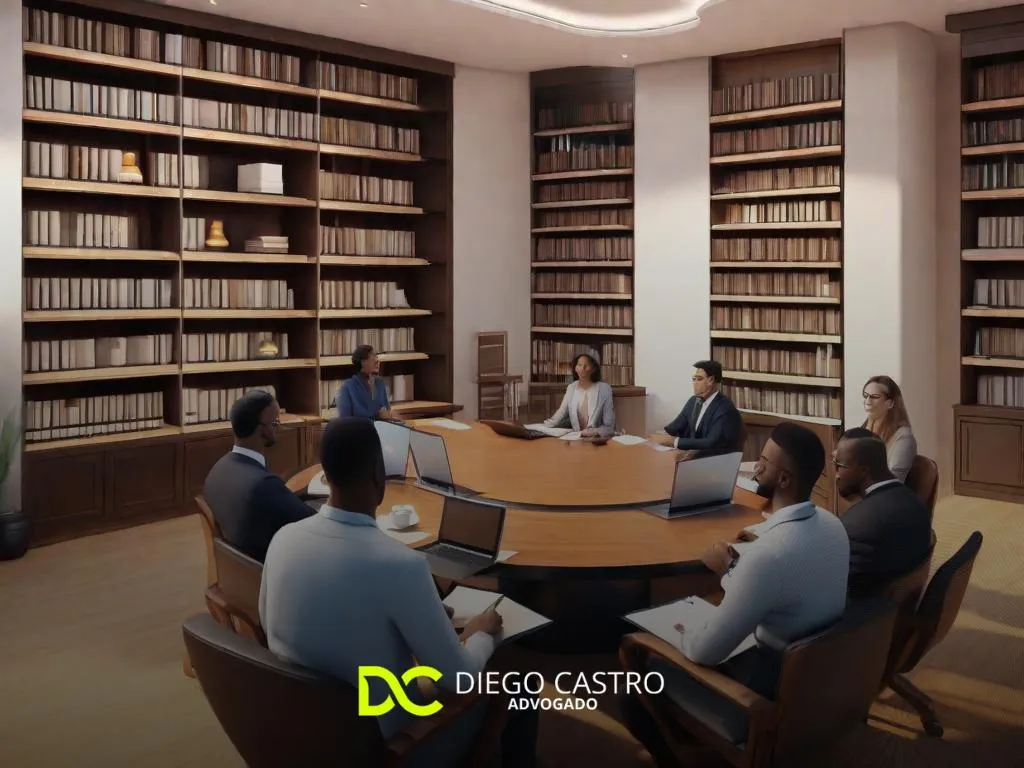 Uma imagem de um mediador profissional de terno, sentado a uma mesa de conferência elegante, facilitando uma discussão entre duas partes opostas. A sala é moderna e bem iluminada, com livros jurídicos ao fundo, simbolizando expertise e um ambiente calmo e neutro para resolução de conflitos.