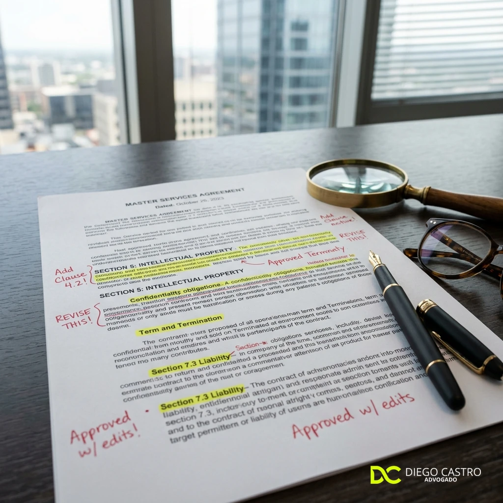 Contrato Frankenstein: o perigo invisível do copia e cola 1 Contrato impresso com marcações de correção em vermelho e óculos de leitura em cima da mesa