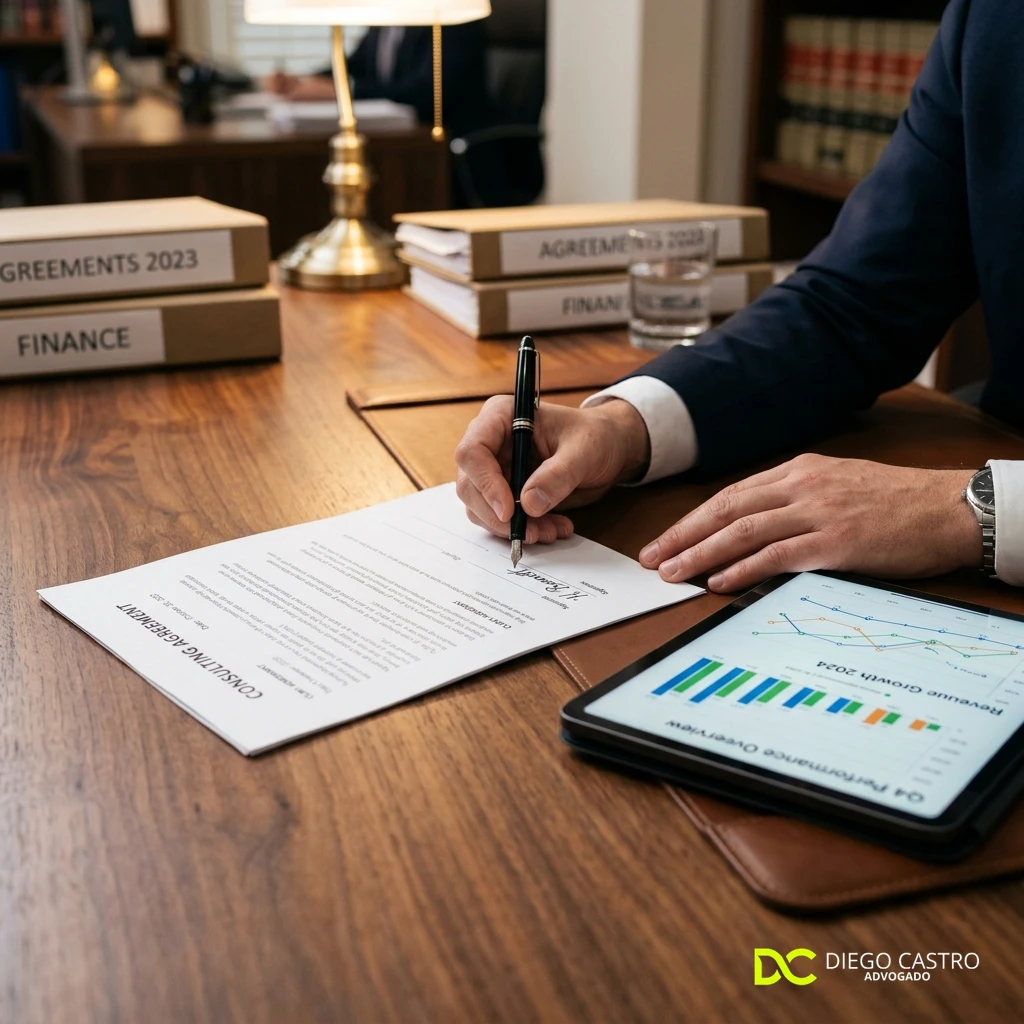 Contrato de gestão de tráfego pago: o que não pode faltar? 1 Assinatura de contrato de prestação de serviços de gestão de tráfego pago sobre uma mesa de escritório com tablet ao lado.