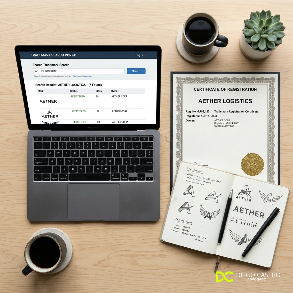 Modelo de Pedido de Registro de Marca no INPI 1 Processo de registro de marca no INPI e busca de marca em laptop