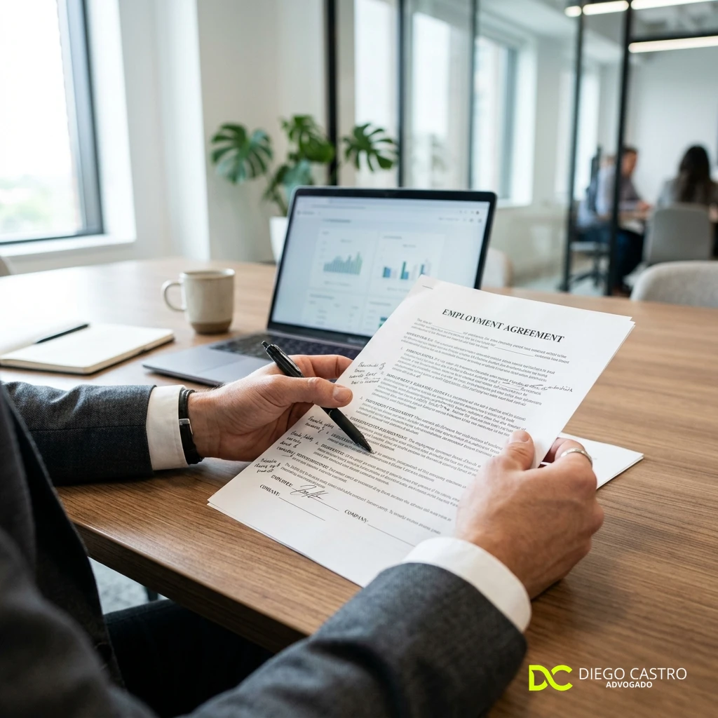Contrato SaaS: cláusulas para proteger sua empresa 1 Profissionais revisando um contrato SaaS em um tablet e notebook