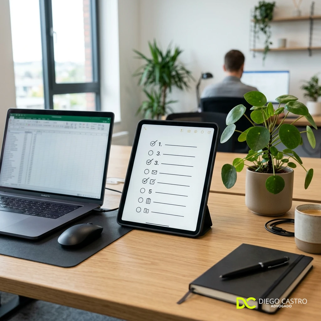 Toda Empresa Pode Ter Estagiário? Regras e Limites 1 Tablet digital com os termos da Lei do Estágio sobre uma mesa de escritório