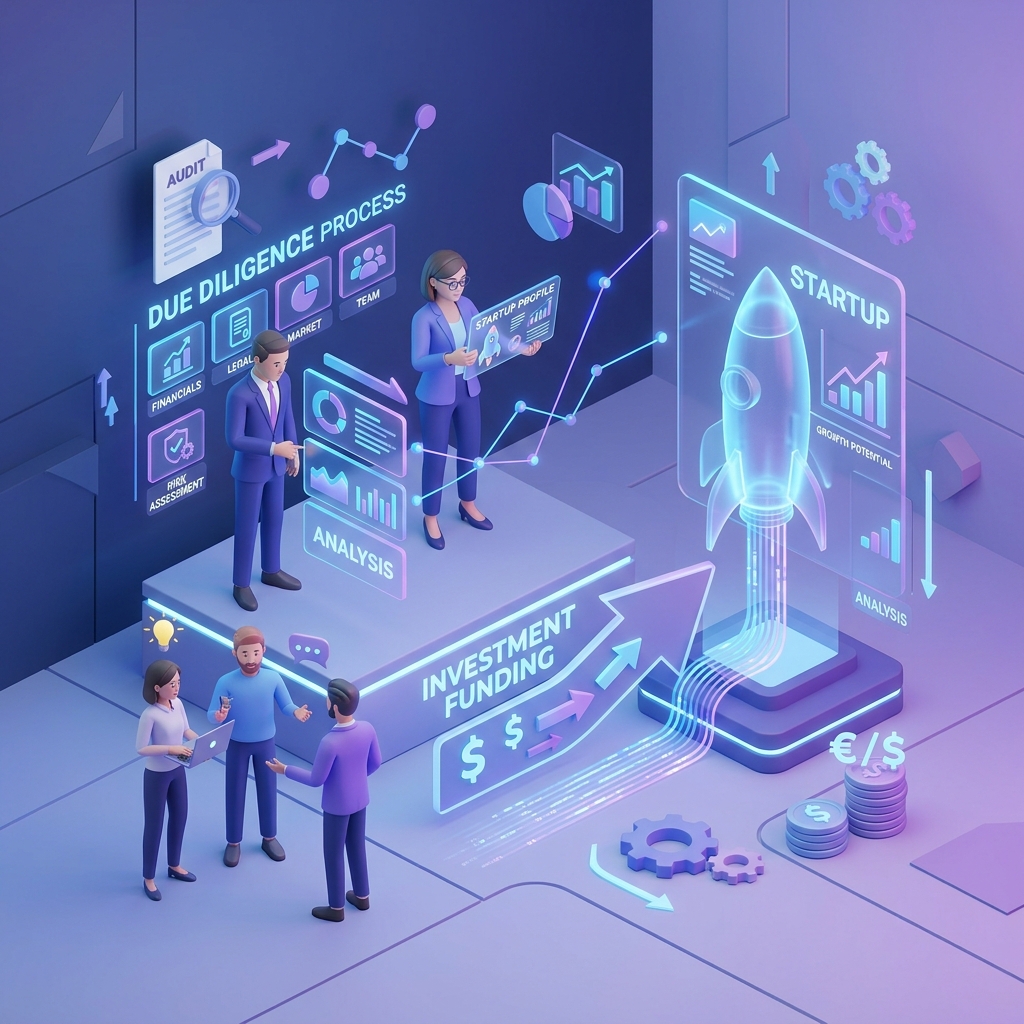 Ilustração 3D minimalista com tons de azul e roxo de due diligence e investimentos para startups