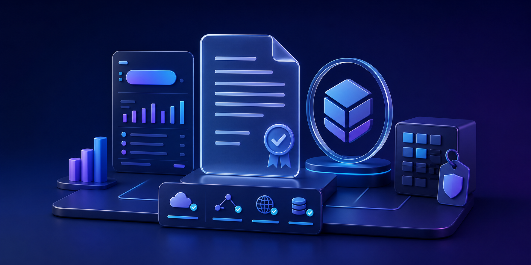 5 cuidados antes de lançar um SaaS 2 Ilustração 3D em azul e roxo sobre contratos, marca, cobrança e operação de SaaS