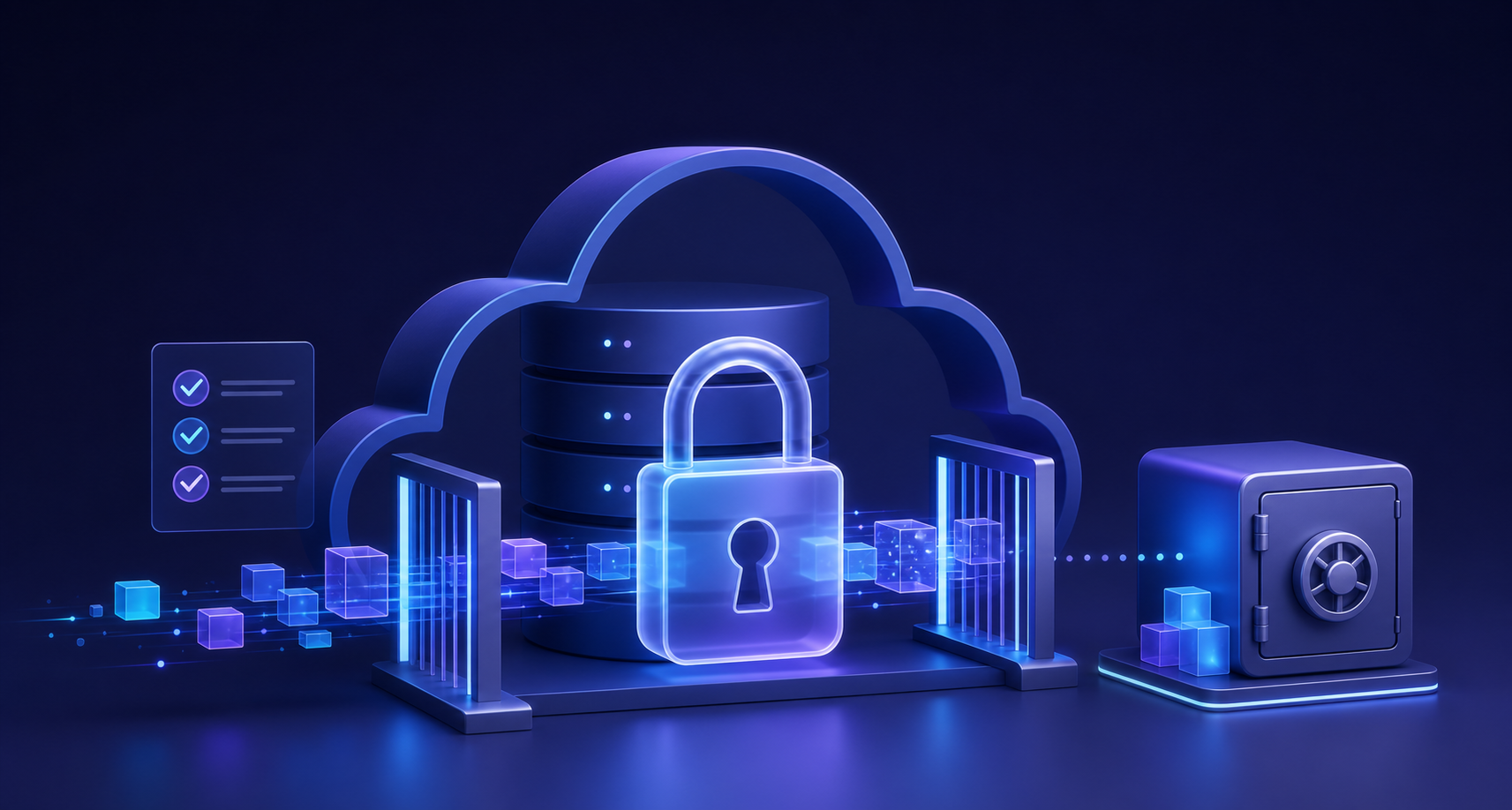 5 cuidados antes de lançar um SaaS 1 Ilustração 3D em azul e roxo sobre privacidade, segurança e proteção de dados em SaaS