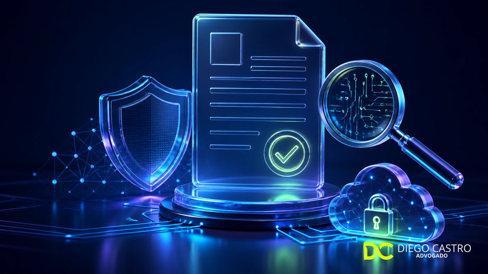 Documento digital protegido, analisado com lupa e conectado a recursos de segurança jurídica