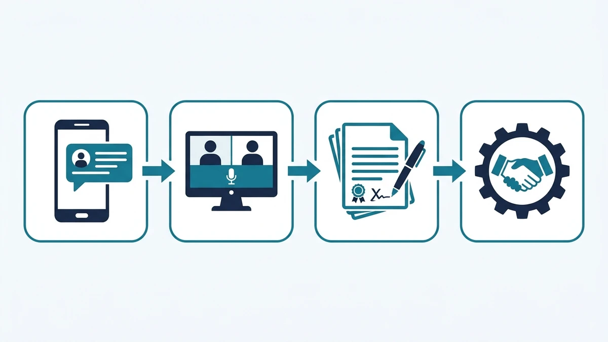 Quem responde no WhatsApp do escritório 1 Infográfico com as 4 etapas do fluxo de atendimento jurídico digital: triagem por mensagem, diagnóstico por vídeo, proposta escrita e acompanhamento contínuo