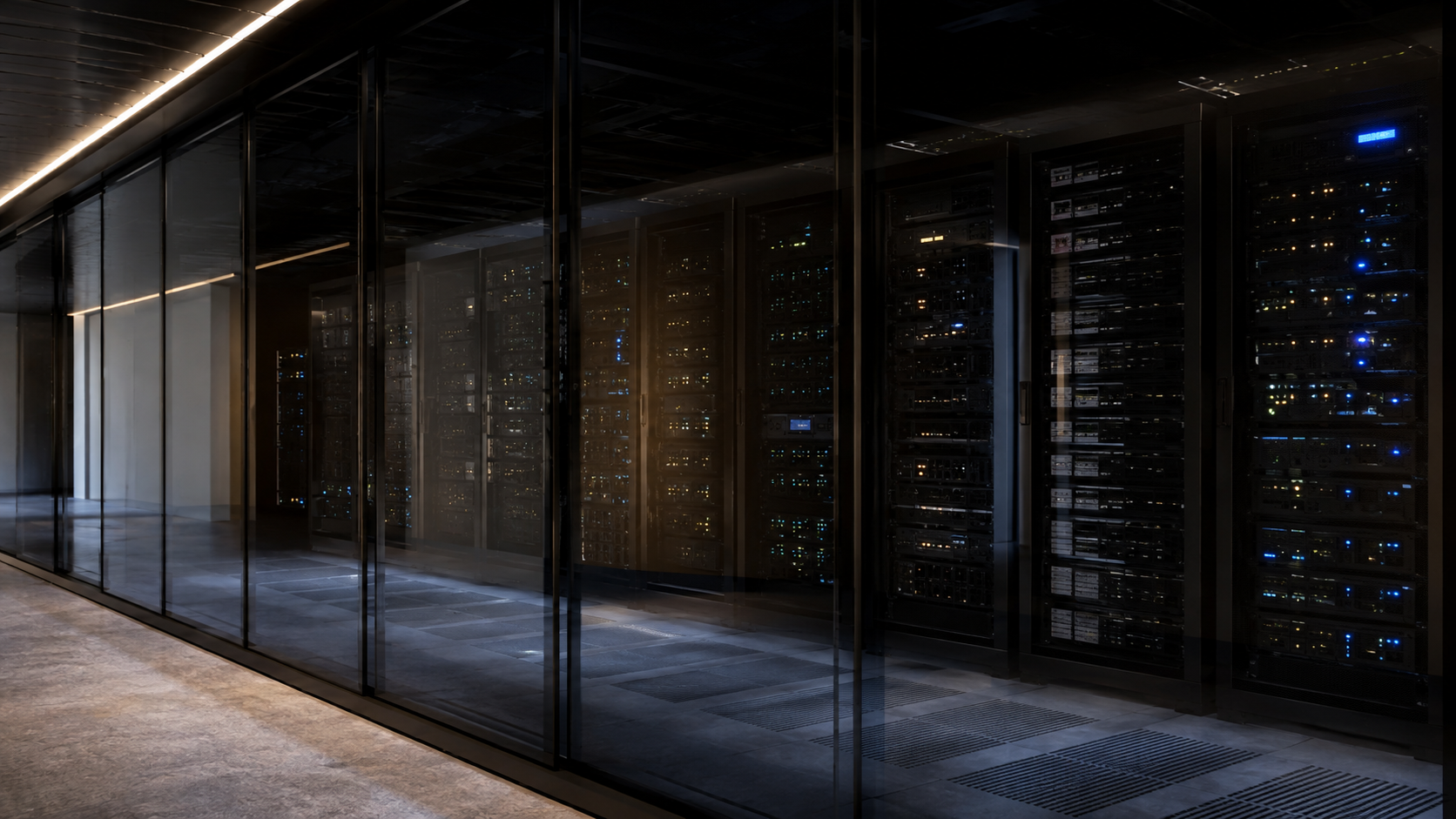 Fotografia editorial de infraestrutura moderna de servidores em data center