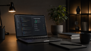 Fotografia de estação de trabalho minimalista com laptop e interface de compliance