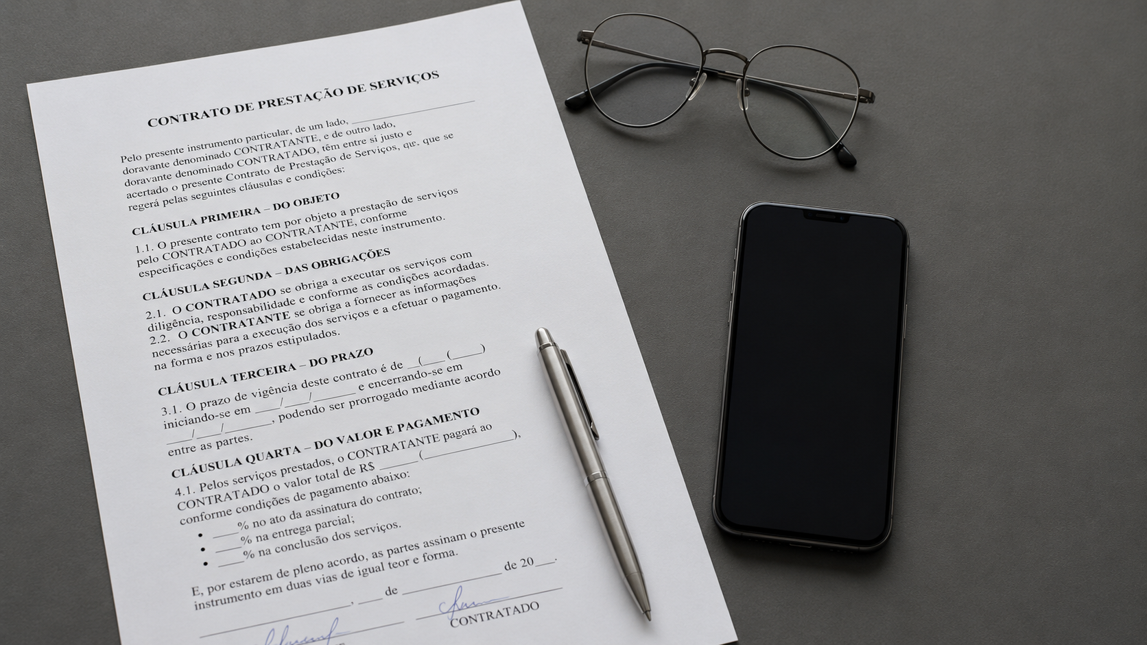 Fotografia de contrato assinado sobre mesa corporativa