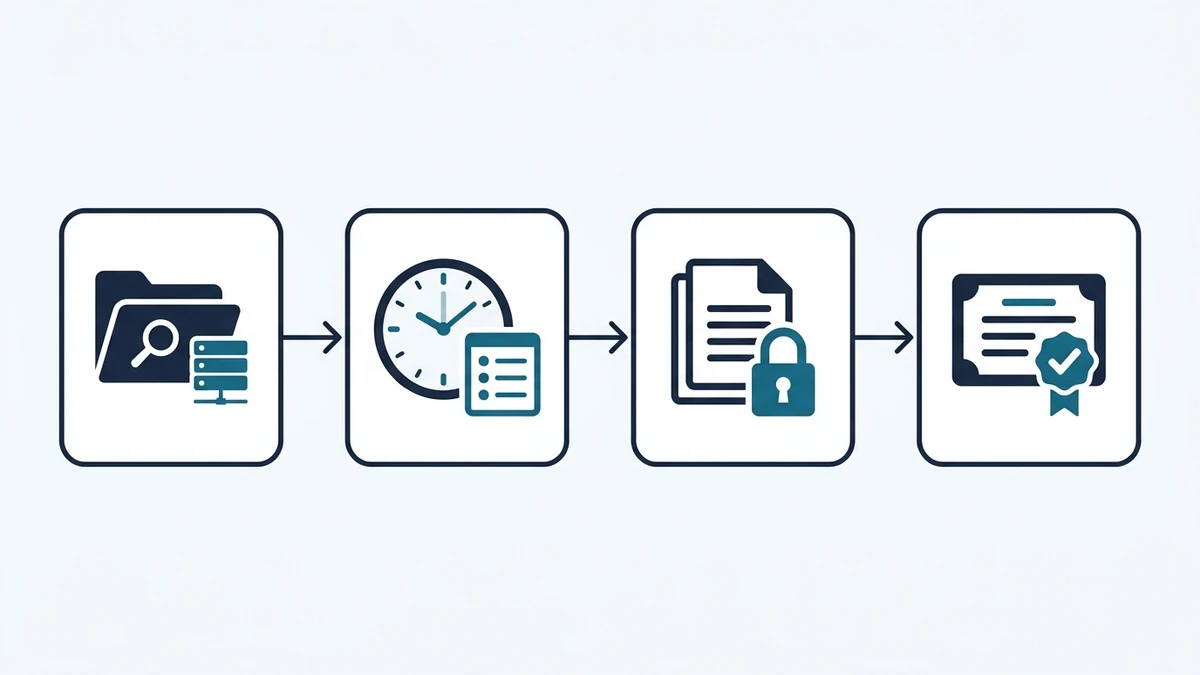 Diagrama vetorial com etapas de preservação de provas digitais, trilha de auditoria e documentos jurídicos certificados