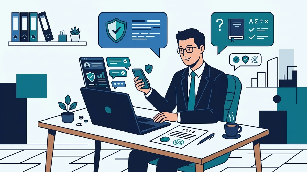 Ilustração vetorial flat de advogado prestando atendimento ágil e seguro via WhatsApp para empresas digitais