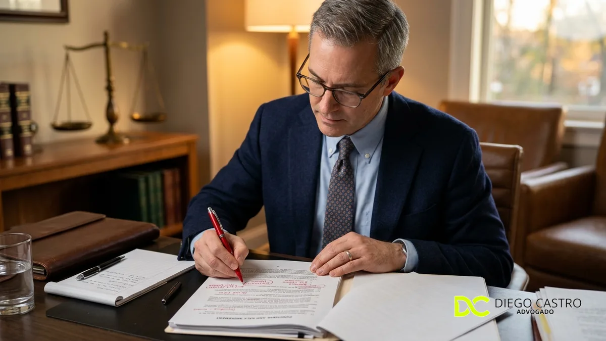 Advogado realizando anotações em revisão de contrato
