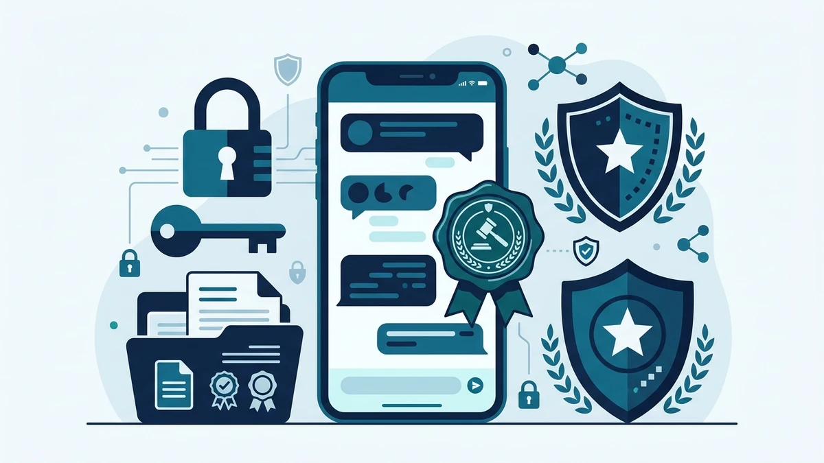 Quem responde no WhatsApp do escritório 2 Ilustração em vetor plano destacando a segurança de dados, sigilo profissional e validade probatória de conversas digitais