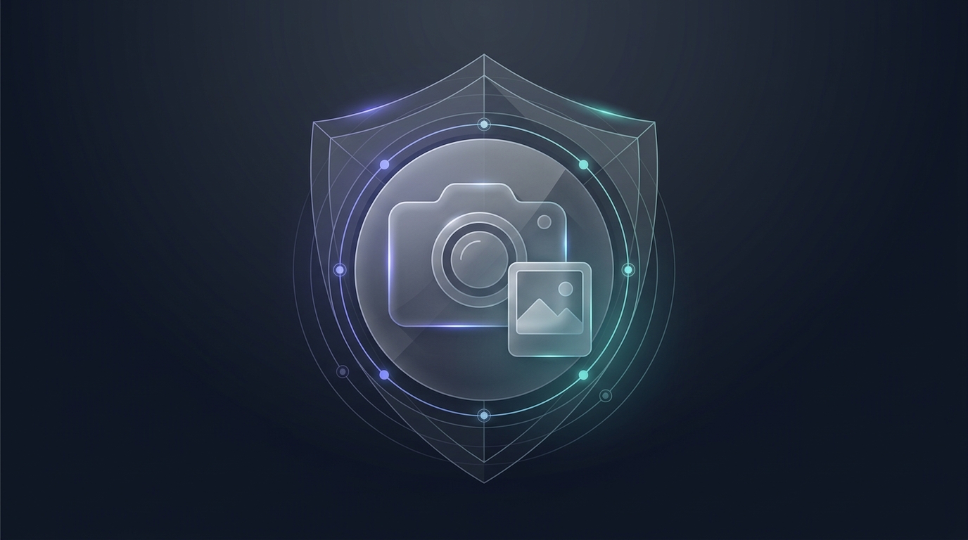 Ilustração editorial de proteção jurídica de fotografia e imagem na internet com escudo e câmera