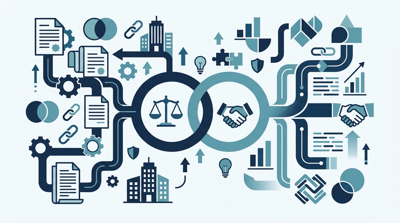 Ilustração vetorial sobre autonomia da vontade e equilíbrio jurídico em acordos entre empresas