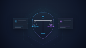 Ilustração conceitual em fundo ardósia escuro representando a advocacia em Direito Digital com balança da justiça e tecnologia
