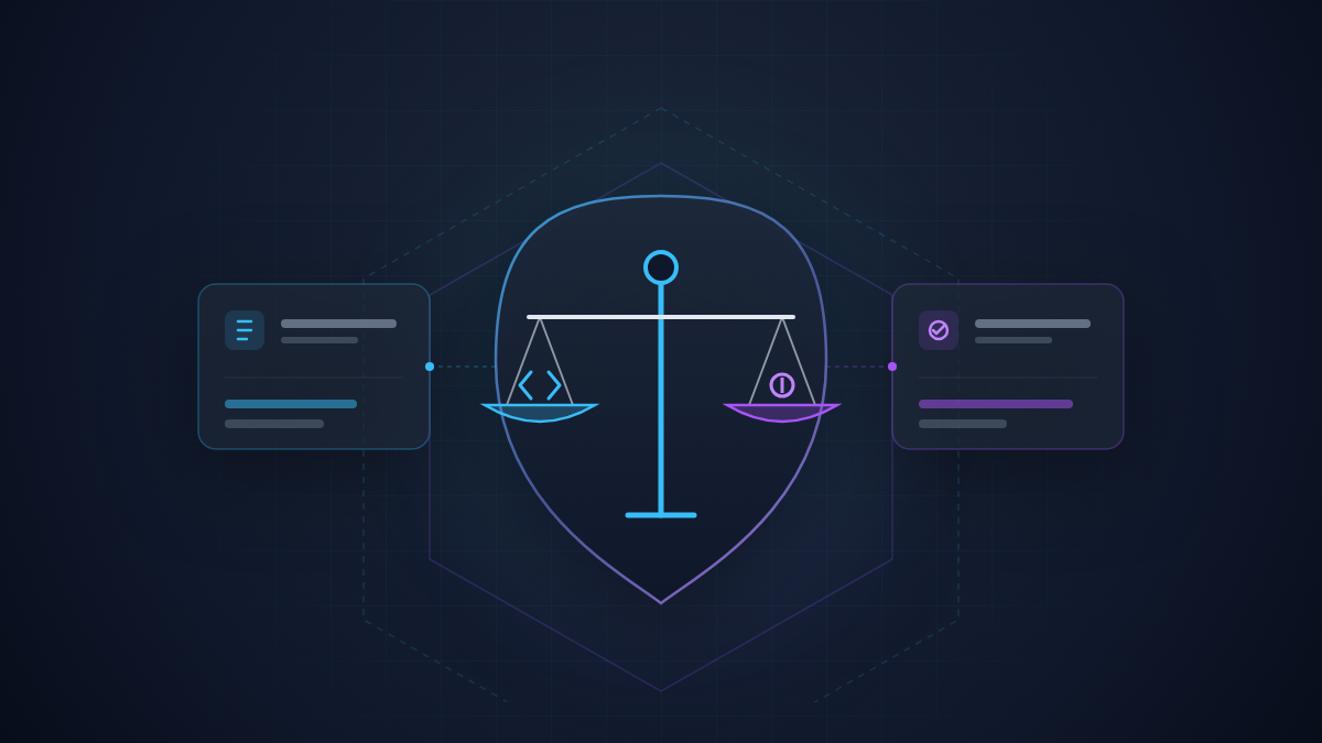 Ilustração conceitual em fundo ardósia escuro representando a advocacia em Direito Digital com balança da justiça e tecnologia