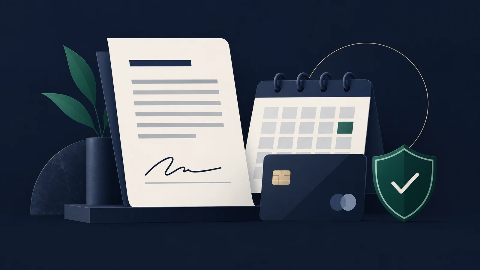 Ilustração flat de contrato, calendário de pagamentos e proteção de acessos