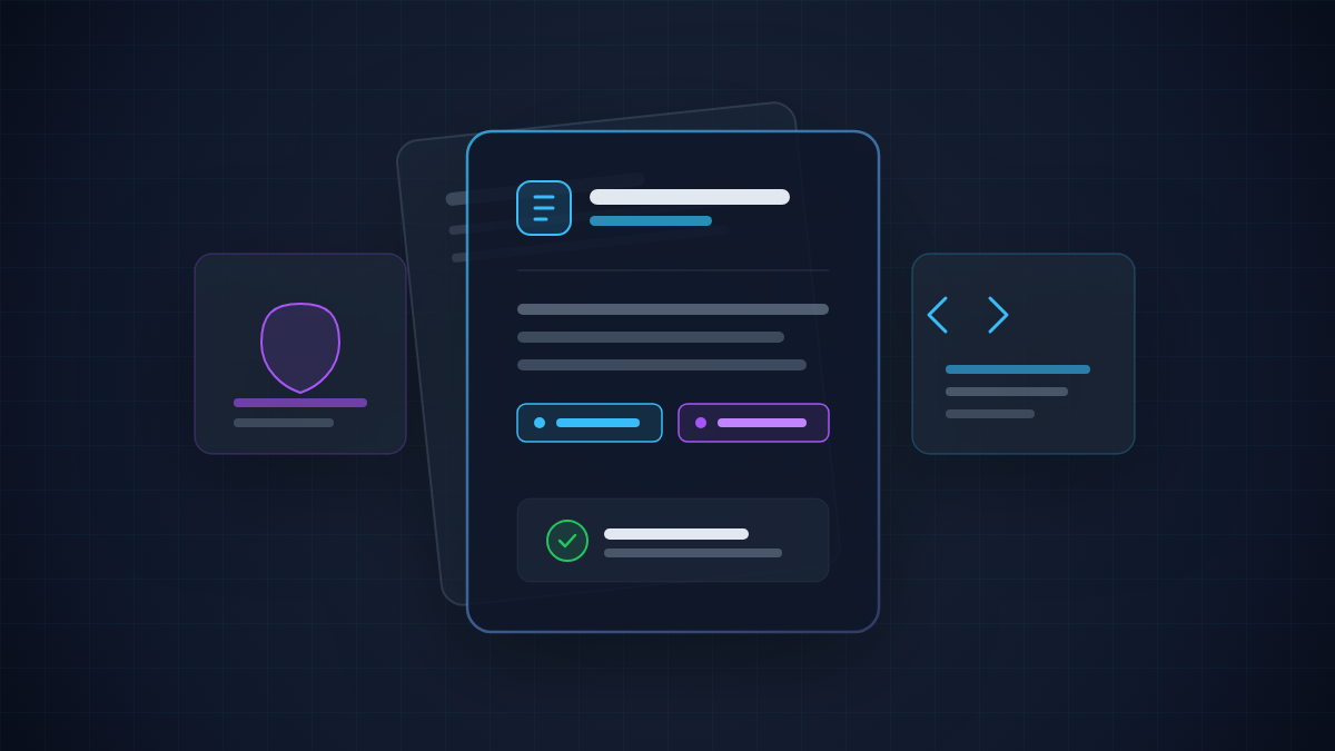 Ilustração conceitual em fundo escuro com documentos contratuais digitais e validação jurídica de softwares e serviços em nuvem