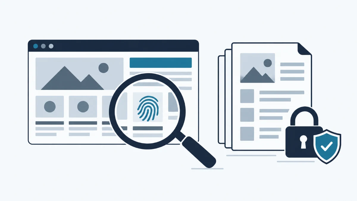Site plagiado e cópia fora do ar em menos de 2 horas: bastidores de uma remoção extrajudicial 1 Ilustração de lupa analisando página copiada e documentos de prova preservados com cadeado