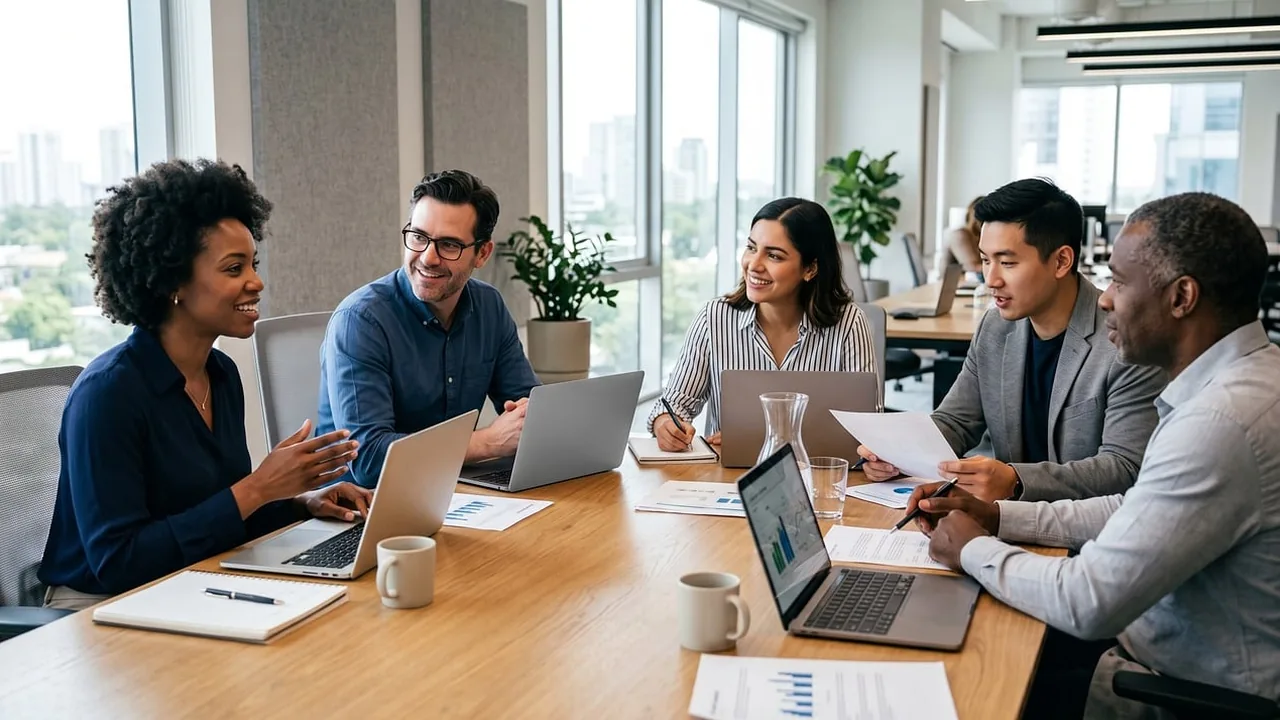 Equipe reunida em mesa de escritório com notebooks, representando a relação entre agência e cliente