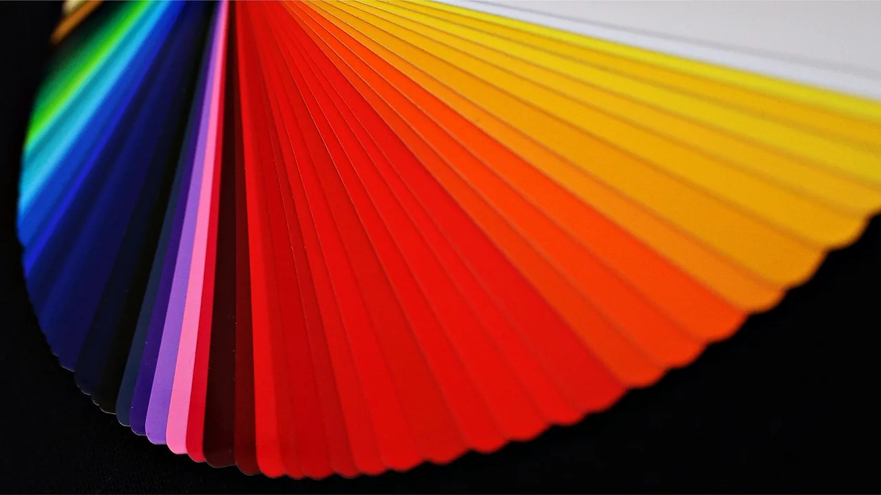 Leque de amostras de cores em close, representando a paleta da identidade visual