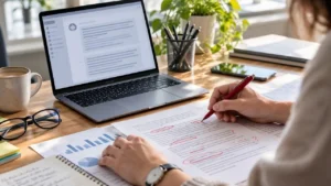 Pessoa revisando documento impresso com caneta vermelha ao lado de notebook, em mesa de trabalho