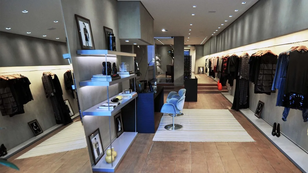 Interior de loja de roupas com araras e vitrines, representando a marca que identifica um negócio