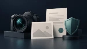 Lente fotográfica, imagem e documento de licença de uso